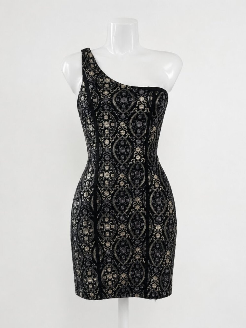 Custom Handmade One-Sholder Black & Silver Embroidered Mini Dress